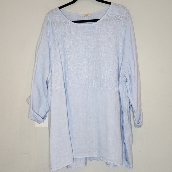 Lungo L'arno Italy 100% linen Light blue embroidered button side roll tab top 3X - Picture 1 of 15